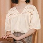 Elbow-sleeve V-neck Blouse Almond - One Size