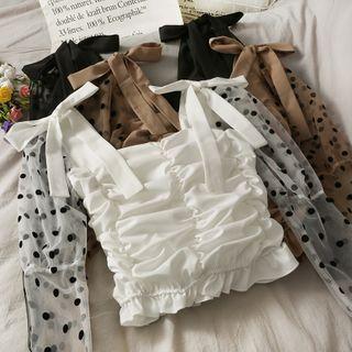 Patchwork Dotted Mesh-sleeve Ruched Crop Top
