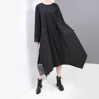 Irregular Hem Long-sleeve Midi Shift Dress Black - One Size