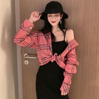 Plaid Shirt / Strappy Sheath Midi Dress