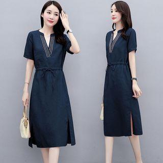 Short-sleeve Embroidered V-neck Midi Dress