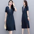 Short-sleeve Embroidered V-neck Midi Dress