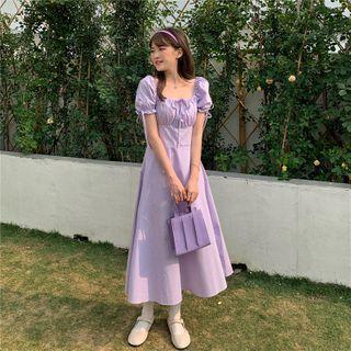 Square-neck Plain Pleated Bow A-line Dress Purple - One Size