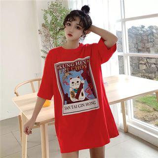 Short-sleeve Lucky Cat Printed T-shirt