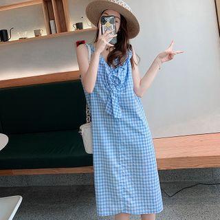 V-neck Gingham Pinafore Dress