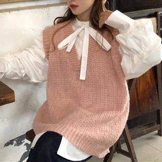Set Of 2: Knit Vest + Stand-collar Blouse