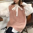 Set Of 2: Knit Vest + Stand-collar Blouse