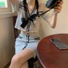 Set: Short-sleeve Striped Bow-front Knit Top + Mini Pencil Skirt Striped - Black & Off-white - One Size