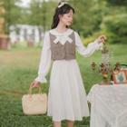 Long-sleeve Sailor Collar Bow Midi A-line Dress / Plaid Button Vest / Set