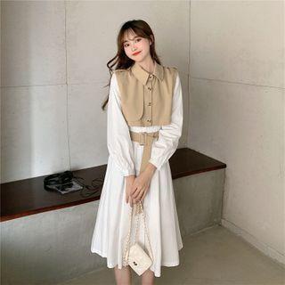 Long-sleeve A-line Midi Dress / Vest / Belt / Set