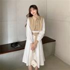 Long-sleeve A-line Midi Dress / Vest / Belt / Set