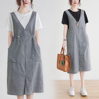 Mock Two-piece Short-sleeve Gingham Jumper Shorts