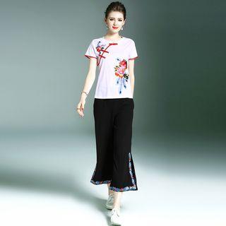 Set: Mandarin Collar Embroidered Short-sleeve Top + Wide Leg Pants