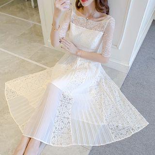 Elbow-sleeve Midi Accordion Pleat Lace Panel Dress