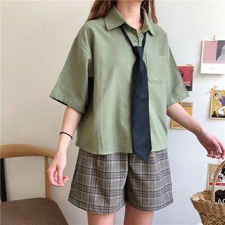 Pocket Detail Elbow-sleeve Shirt With Necktie / Plaid Wide-leg Shorts