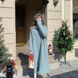 V-neck Two Tone Striped Knit Oversize Dress