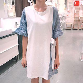 Elbow-sleeve Color-block Tie-waist Dress