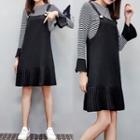 Set: Striped Long-sleeve Top + Pinafore Dress