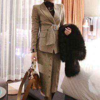 Set: Pocketed Tie Waist Blazer + High Waist Pencil Skirt