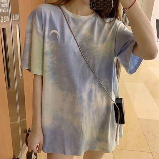 Elbow-sleeve Embroidered Moon Tie Dye T-shirt