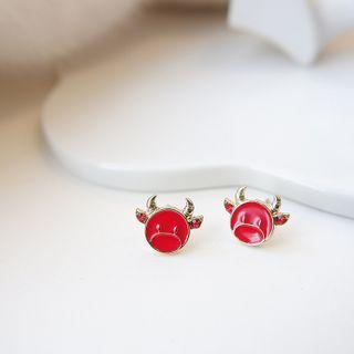Cow Sterling Silver Ear Stud 1 Pair - Silver Needle - Red - One Size