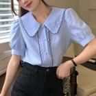 Puff-sleeve Embroidered Trim Shirt Blue - One Size