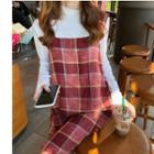 Mini Plaid Jumper Dress / Mock Neck Long-sleeve Top