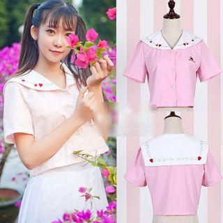 Strawberry Embroidered Short-sleeve Sailor Collar Shirt
