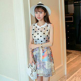Polka Dot Panel Printed Sleeveless Dress