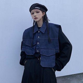 Cropped Collared Irregular Denim Vest