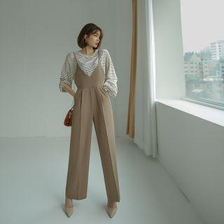 Set: Loose Stripe Top + Spaghetti-strap Jumpsuit