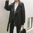 Faux Leather Lapel Long-sleeve Jacket Black - One Size