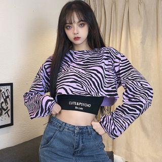 Set: Lettering Cropped Camisole + Long-sleeve Zebra Print T-shirt