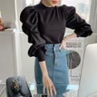 Puff-sleeve Ribbed-panel Top