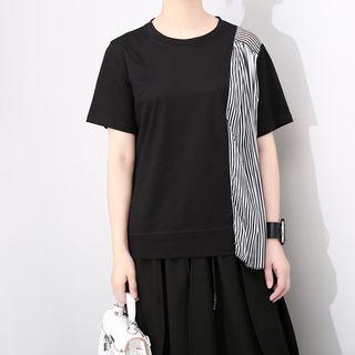 Short-sleeve Asymmetric Striped Paneled T-shirt