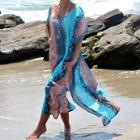 Short-sleeve Patterned Midi Smock Dress Aqua Blue - One Size