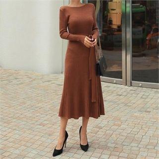 Ribbed Knit Long Flare Dress With Sash
