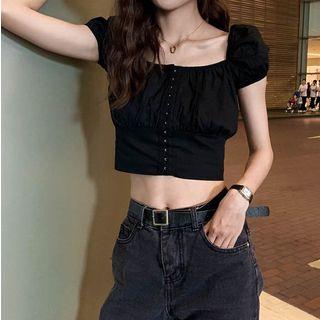 Square-neck Short-sleeve Crop Top Black - One Size