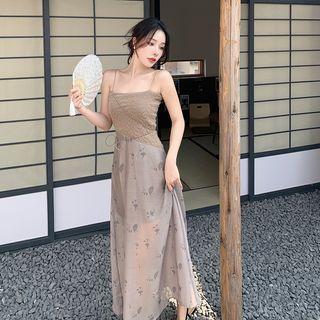 Set: Top + Spaghetti Strap Floral Panel Maxi Dress