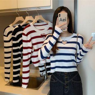 Long-sleeve Cutout Heart Striped Knit Top