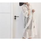 Ruffled Elbow-sleeve Mesh Top