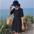 Lace Collar Short-sleeve A-line Dress Black - One Size