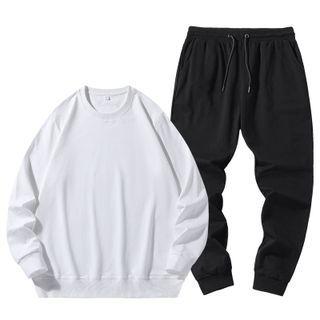 Set Of 2: Plain Round Neck Sweatshirt + Plain Band-waist Sweatpants