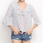 Collared 3/4-sleeve Tie-front Floral Chiffon Top