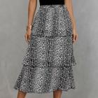 Leopard Print Layered Midi A-line Skirt