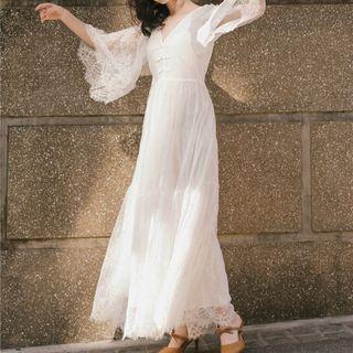 Lace Panel 3/4-sleeve Maxi A-line Dress