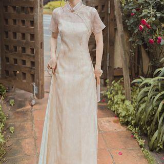 Set: Slipdress + Short-sleeve Lace Trim A-line Qipao