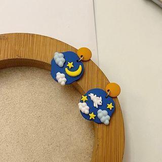 Asymmetrical Moon Rabbit Drop Earring Stud Earring - 1 Pair - S925 Silver Stud - Asymmetrical - Blue - One Size
