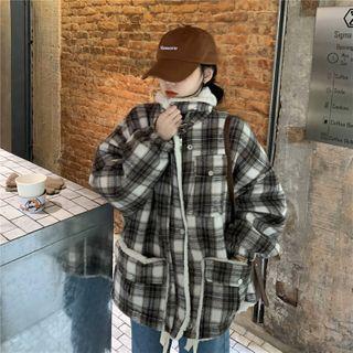 Long-sleeve Stand Collar Plaid Fleece Jacket