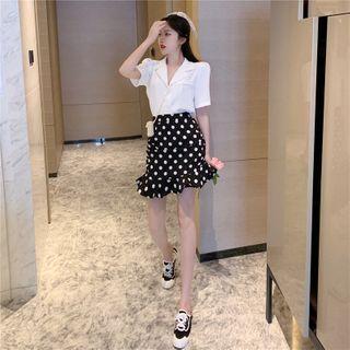 Plain Short-sleeve Shirt / Dotted A-line Skirt